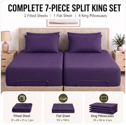 CozyLux Split King Sheets 7-Piece, 21-Inch Deep Pocket, Soft Brushed Feel