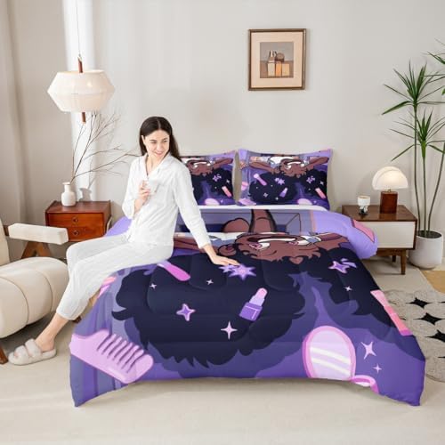 Black Princess Girl Kids Bedding Set King Size,African American Cartoon Cosmetic Comforter Set,Star Magical Cute Y2K Chic Quilt Comforter,Purple Bedroom Duvet Insert,2 Pillowcases