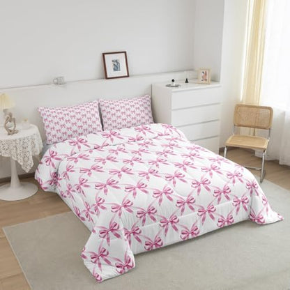 Manfei Pink Bow Comforter Set Full Size, Cute Bowknot Geometric Lattice Bedding Set 3pcs, Princess Kawaii Bow Tie Patchwrok Down Comforter for All Season, Kids Girls Room Decor, 2 Pillowcases