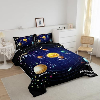 Erosebridal Kids Outer Space Comforter Set, Boys Starry Sky Galaxy Duvet Sets Queen Size Planet Space Down Comforter for Girls Teens Adult Bedroom Decor, Solar System Cosmos Bedding Set, Blue Purple