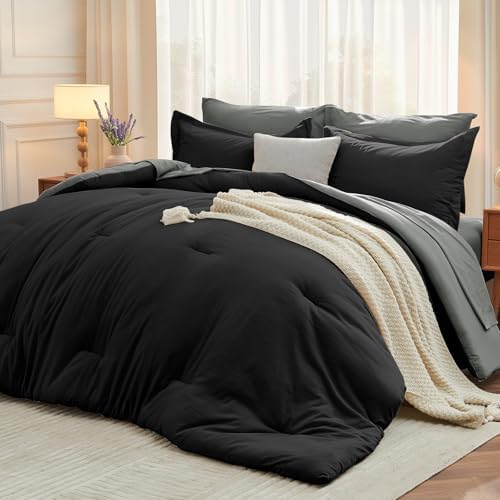 MUXHOMO 7 Pieces Oversized Queen Comforter Set, Soft Bed in a Bag Oversized Queen Size, All Season Bedding Set with Comforter, Flat Sheet, Fitted Sheet, Pillowcases & Shams, Black & Grey