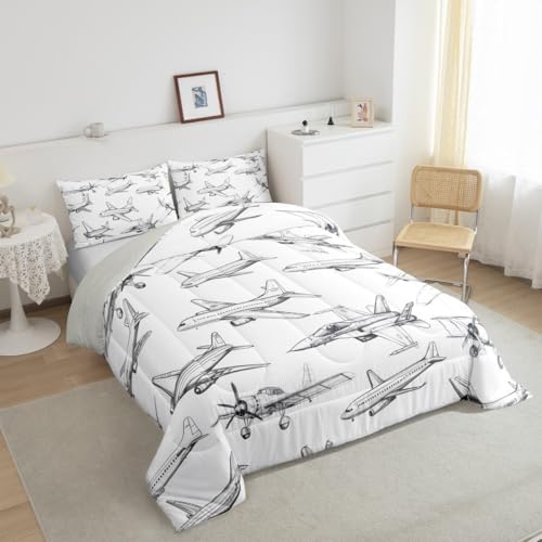 Homewish Airplane Comforter Set Twin Size Aircraft Bedding Set 2Pcs for Kids Girls Boys Teens Bedroom Decor Black White Sketch Print Quilt Set Flying Theme Duvet Insert,1 Pillowcase