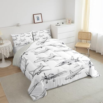 Homewish Airplane Comforter Set Queen Size Aircraft Bedding Set 3Pcs for Kids Girls Boys Teens Bedroom Decor Black White Sketch Print Quilt Set Flying Theme Duvet Insert,2 Pillowcases