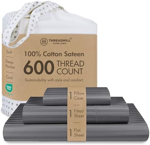 Threadmill 600TC Cotton Twin Sheet Set, Sateen, Damask, Dark Grey, 3-Piece