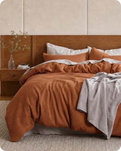 Bedsure PureWoven 3 Pieces Cotton Waffle Duvet Cover Set, Queen, Terracotta