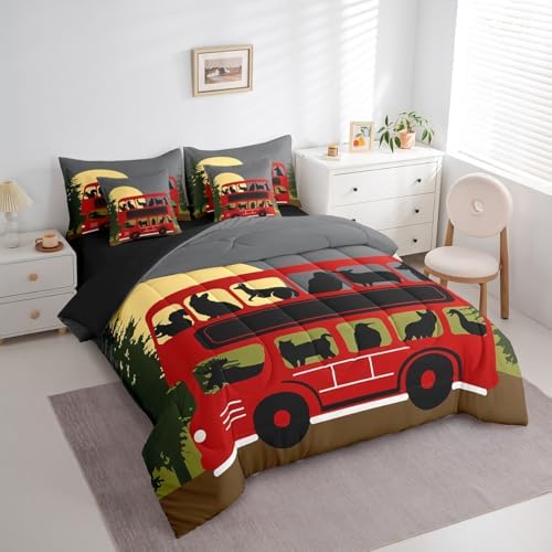 Erosebridal Kids Camping 7 Piece Comforter Set Twin Bed in a Bag,Cartoon Camper Bedding for Kids Girls Boys,Camping Trip Sheet Set,Kawaii Giraffe Wolf Animals Silhouette Red Rv Car Quilt