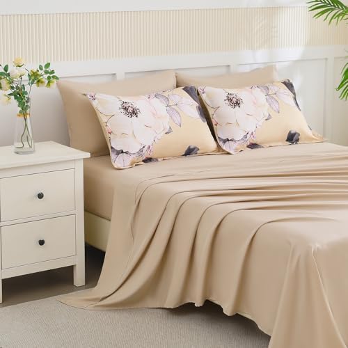 Yogeneg Queen Comforter Set 7 Piece Bed in a Bag,White Black Floral Botanical Pattern Khaki Bedding Set,Soft Microfiber Comforter with Sheet Set,All Season Bed Set(Khaki,Queen)