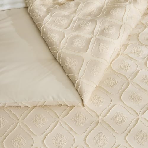 7 Pieces Beige Boho Queen Comforter Set with Sheets, Boho Bohemian Embroidery Jacquard Tufts Queen Bedding Set for All Season,Tufted Bedding Set with Sheets