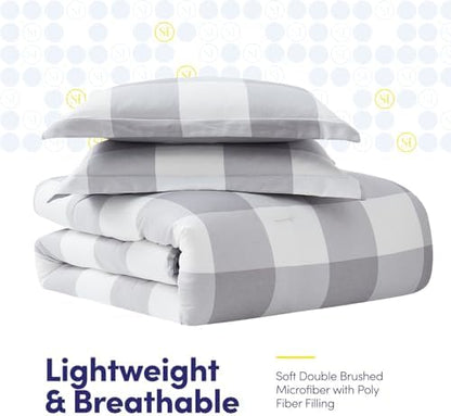 7 Piece Comforter Set Bag Solid Color All Season Soft Down Alternative Blanket & Luxurious Microfiber Bed Sheets, Queen, Checkered Box