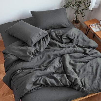 Sijo Stone Washed Organic French Linen Bed Sheet Set, GOTS Certified Organic, Best Cooling Linen Sheet Award by Sleep Foundation, 3 Piece - 2 Pillowcases and 1 Fitted Sheet (Storm, Full)
