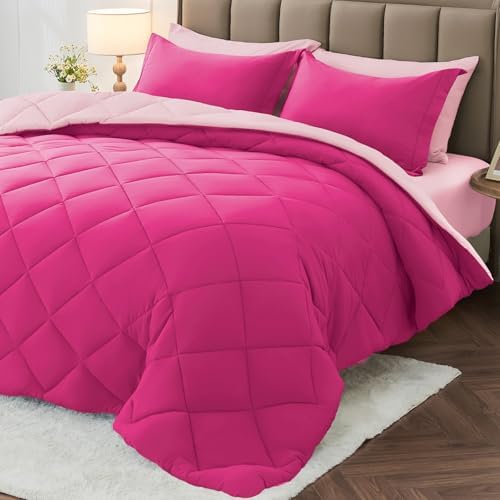 MUXHOMO 7 Pieces Oversized King Comforter Set, Reversible Bed in a Bag Oversized King Size, All Season Bedding Set with Comforter, Flat Sheet, Fitted Sheet, Pillowcases & Shams, Hot Pink & Baby Pink