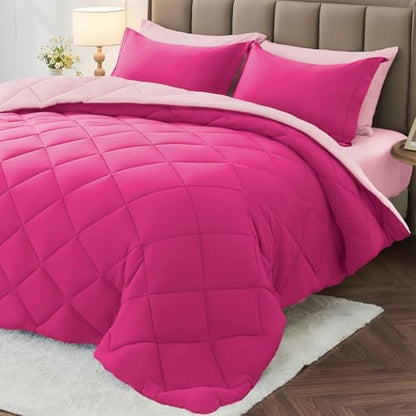 MUXHOMO 7 Pieces Oversized Queen Comforter Set, Reversible Bed in a Bag Oversized Queen Size, All Season Bedding Set with Comforter, Flat Sheet, Fitted Sheet, Pillowcases & Shams, Hot Pink & Baby Pink