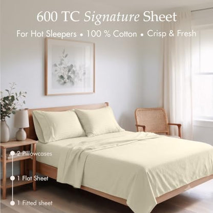 Threadmill 600TC Cotton King Sheet Set, Sateen, Damask Stripe, Cream