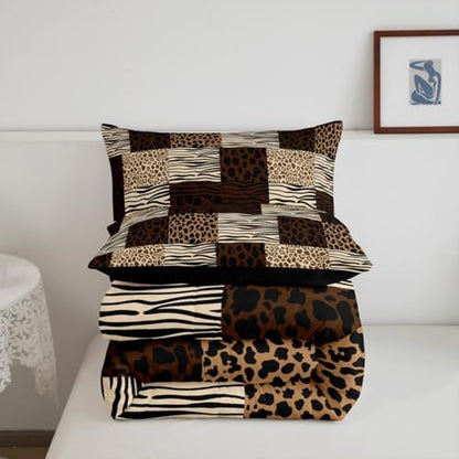 Manfei Black Leopard Comforter Set Full Size,Cheetah Zebra Wildlife Animal Abstract Skin Bedding Set,Girls Boys Room Decor,Geometric Plaids Stripe Dot Quilt Comforter,Brown Duvet Insert,2 Pillowcases