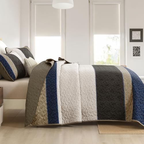 Cottolester Quilt Set King,Brown Blue Striped Plaid Bedspread Coverlet Set