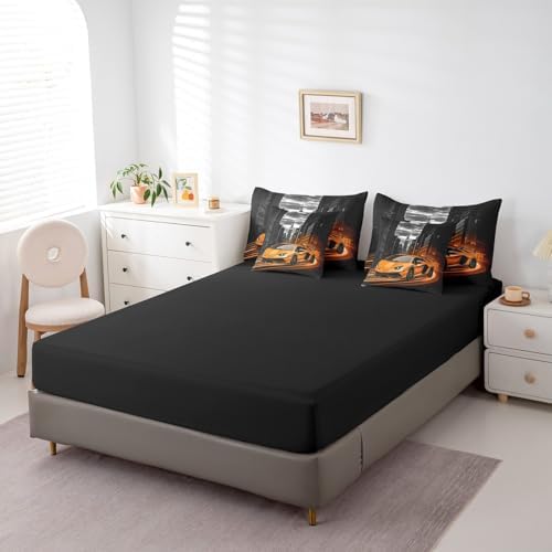 Feelyou Orange Race Car Comforter Set with Sheets Twin Size Kids Speed Sports Car 7 Pieces Bedding Set Boys Girls Teens Racing Car Bed in a Bag Extreme Sports Street Bed Set Gothic Modern City