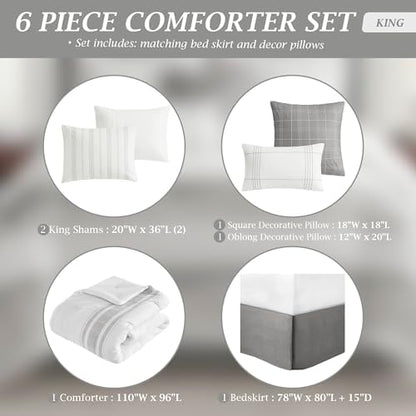 Harbor House King Comforter Set, Stripes Clipped Jacquard, Soft Cotton Oversized Comforter, Farmhouse Bedding, 2 Shams, Bedskirt, 2 Decor Pillows, Morgan, King White/Grey