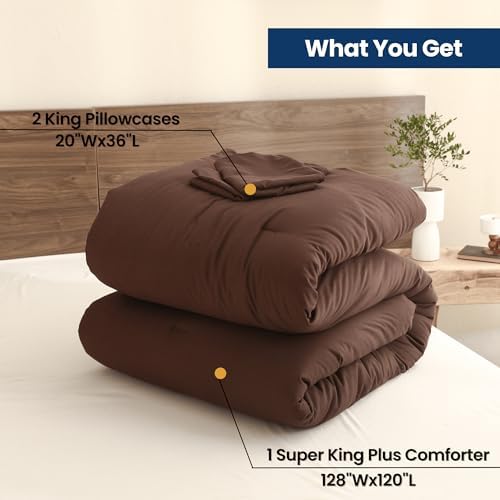 Paxrac Brown Super King Plus Comforter Set 128x120In, 3 Pieces Oversized King Comforter Set, Lightweight Solid Bedding Set, All Seasons Soft Fluffy Bed Set (1 Comforter & 2 Pillowcases)