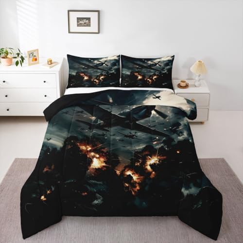 Erosebridal Vintage Fighter Airplane Bedding Set King Military Aircraft Comforter Set for Kids Boys Girls Realistic 3D Print Cloud Flame Aviation Down Comforter Plane Quilt Duvet