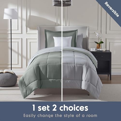 Nestl 7 Piece Twin Comforter Set – Sage Green Reversible Bed in a Bag – Complete Twin Size Bedding Set with Sheets, Set of 2 Down Alternative Pillows, Pillowcase and Sham
