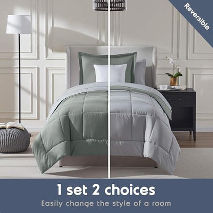 Nestl 7 Piece Twin Comforter Set – Sage Green Reversible Bed in a Bag – Complete Twin Size Bedding Set with Sheets, Set of 2 Down Alternative Pillows, Pillowcase and Sham