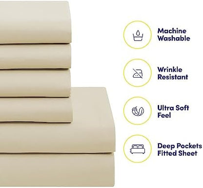King Size Comforter Set with Sheets - 7-Piece Bedding Collection - 1 Comforter, 1 Fitted Sheet, 1 Flat, 4 Pillowcases - Deep Pocket - Soft & Breathable Premium Quality - Ideal for All Seasons, Beige