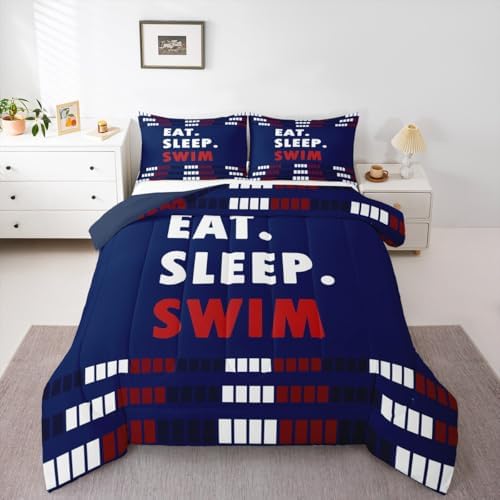 Homewish Swim Lover Comforter Set Twin Size,Kids Swimming Bedding Sets 2Pcs for Teens Boys Men Adult Room Decor,Swimming Sports Quilted Duvet Chic Navy Blue Red Lines Down Comforter,1 Pillowcase