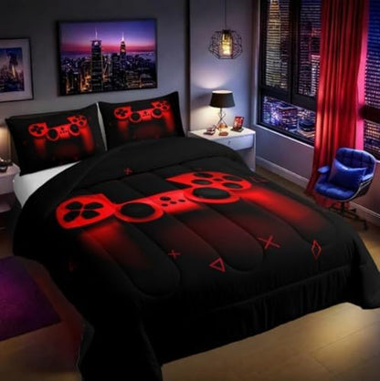 Boys Gamer Comforter Set Queen Size,Gamepad Bedding Set Kids Young Man Video Games Down Comforter for Teen Child Game Room Decor Black Red Classic Retro Gaming Quilted Duvet Set with Pillowcase