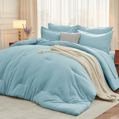 MUXHOMO 7 Pieces Oversized King Comforter Set, Soft Bed in a Bag Oversized King Size, All Season Bedding Set with Comforter, Flat Sheet, Fitted Sheet, Pillowcases & Shams, Lake Blue