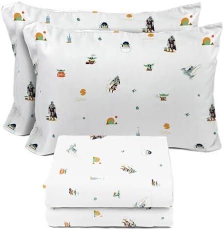 Sunny Side Up Kids Sheet Set with Fitted, Flat Sheets & Pillow Cover - Ultra-Soft Bedding with Pillowcase for Room Decor, White - Star Wars Mandalorian, 4 Piece Full
