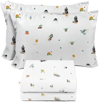 Sunny Side Up Kids Sheet Set with Fitted, Flat Sheets & Pillow Cover - Ultra-Soft Bedding with Pillowcase for Room Decor, White - Star Wars Mandalorian, 4 Piece Full