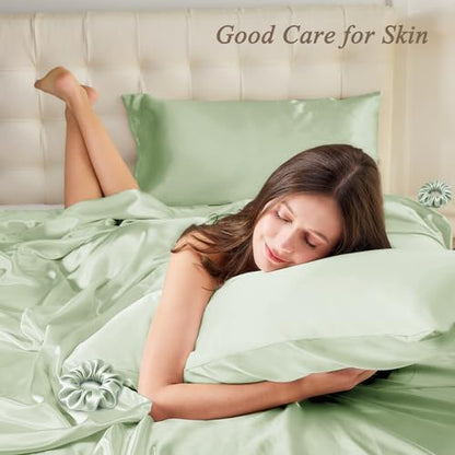 Vielit Standard Satin Pillowcase for Hair 2pc,Similar to Silk Pillow Cases, for Women Men,Green,20x26 & Envelope Closure and 2 Satin Scrunchies