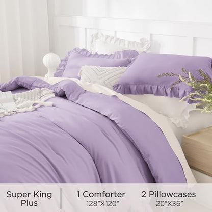 Andency Oversized King Comforter Set, 3 Pcs Lavender Ruffle Chic Bedding
