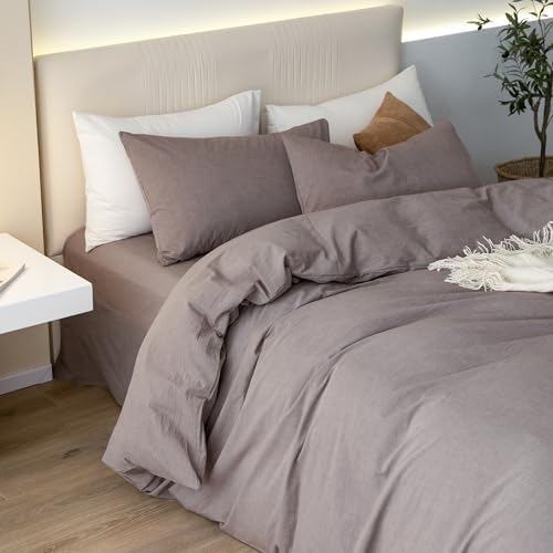 JIYUAN Full Washed Cotton Duvet Cover Set, 3-Piece, Relaxed Linen Feel