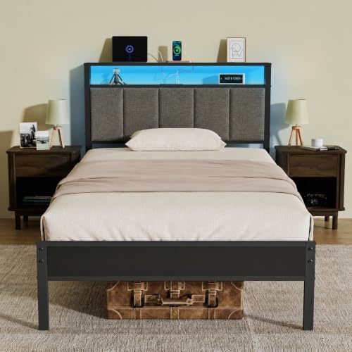 Z-hom Upholstered Full Size Bed Frame,LED Lights Headboard Footboard