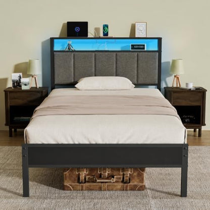 Z-hom Upholstered Full Size Bed Frame,LED Lights Headboard Footboard