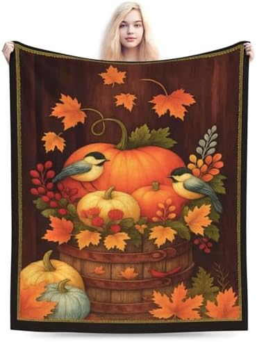 Fall Pumpkin Blanket Super Soft Warm Fluffy Farm Fleece Flannel Farmhouse Autumn Throw Blanket Cozy Fuzzy Plush Thanksgiving Stuff Bedding Blankets Gifts for Women Kids Boys Girls Adults 60"X50"