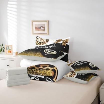 Erosebridal Leopard Print Lucky 8 Ball 7 Piece Bedding Set Full Size,Preppy Cheetah Bow Comforter Set For Kids Adults,Fashion Trendy Y2K Bed In A Bag With Sheets Black Golden Luxurious Sequins Bed Set