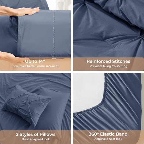 Sasttie Twin XL Comforter Set, 5-Piece Bed in a Bag, Pintuck Bedding Sets for All Season, Includes Comforter, Flat Sheet, Fitted Sheet, Pillowcase and Pillowsham, Indigo Blue