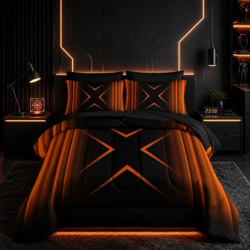 Nttopship Black and Yellow Geometric Comforter Set Twin Size 7Pieces,3D Abstract Mordern Printed Bedding Set for Adults,Geometric Mordern Decor All Seasons with Pillowcases,Flat, Fitted Sheet