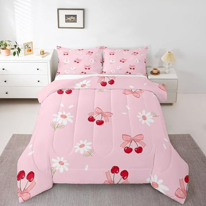 Pink Bowknot Girly Comforter Set Queen Size,Bow Daisy Flowers Plant Cute Bedding Set,Girls Women Room Decor,Cherry Bow Tie Princess Castle Down Comforter,Pink Romantic Duvet Insert,2 Pillowcases