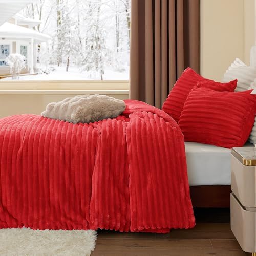 BEDELITE Fleece King Comforter Set, Fluffy Bed Set, Red