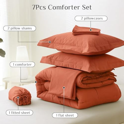 JOLLYVOGUE Queen Comforter Set, Ultra-Soft Bed in a Bag Queen Size 7 Pieces, Oeko-TEX Certified Bedding Set with Down Alternative Comforter, Sheets, Pillowcases & Shams, Burnt Orange