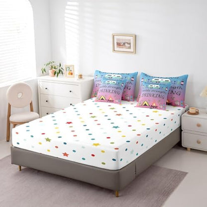 Erosebridal 7 Piece RV Bunk Twin Bedding Set for Camper,Drinking and Camping Comforter Set for Kids Teen Adults,Travel Trailer Quilt Bed Set Pink Blue Gradient Comforter with Fitted + Flat Sheet