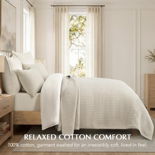 EVERGRACE Cross Stitch Pre-Washed Cotton Quilt Bedding Set Queen Size, Oversized 3 Pieces Lightweight Bedspread Coverlet for All Season, with 2 Matching Shams, Birch, 92"x96"