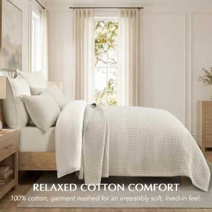 EVERGRACE Cross Stitch Pre-Washed Cotton Quilt Bedding Set Queen Size, Oversized 3 Pieces Lightweight Bedspread Coverlet for All Season, with 2 Matching Shams, Birch, 92"x96"