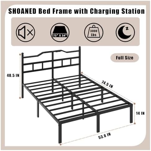 SHOANED 14 Inch Metal Bed Frame - Full Size Heavy Duty Bedframe with Charging Station & Headboard Basic Steel Slats Platform No Box Spring Needed/Easy Assembly/Noise Free
