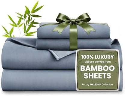 Love's cabin 4 Piece Full Size Sheet Set, 100% Rayon Derived from Bamboo, Cooling & Breathable, Soft Silky Deep Pocket up to 16", Hotel Luxury Bedding for Hot Sleepers, Bluish Grey