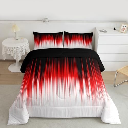 Teens Abstract Ombre Comforter Set Queen Size,Red Black White Bedding Set for Kids Boys Girls Bedroom Decoration,Gradient Watercolor Bed Duvet Insert,Geometric Comforter with 2 Pillowcases