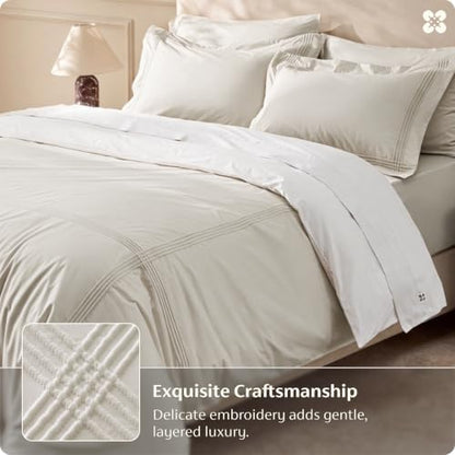 Bedsure PureWoven Cotton Percale Duvet Cover Queen, Rope Weave, Linen Beige